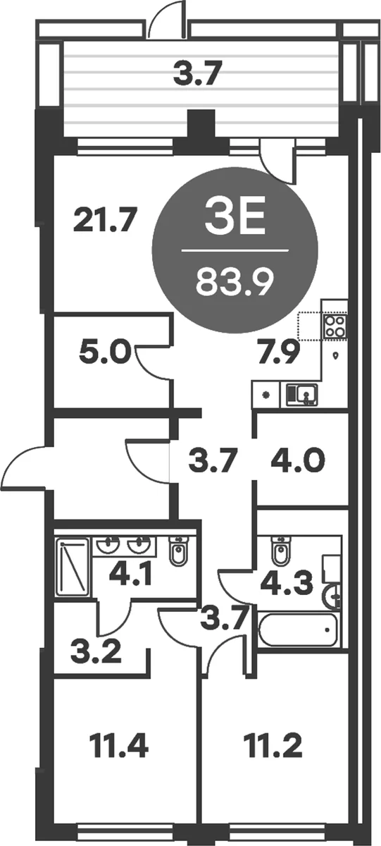 Планировка: Евротрёшка 80,2 м² в ЖК «Равновесие»