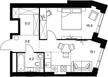 Планировка: 1-комнатная квартира 43,5 м² в ЖК «НЕКСУС от Аквилон»