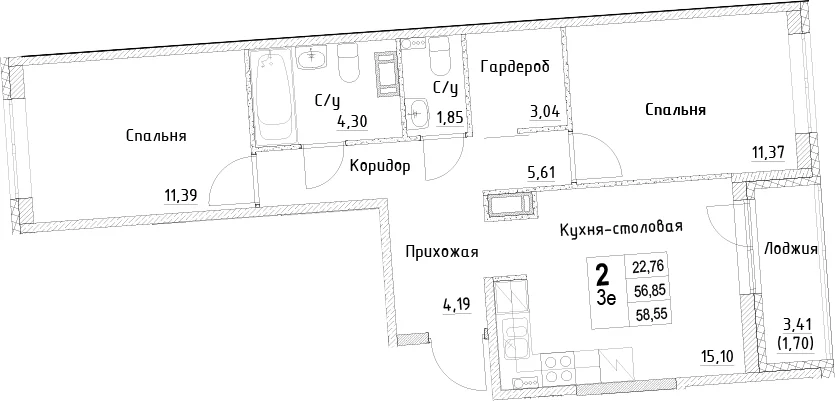 Планировка: Евротрёшка 56,9 м² в ЖК «ID Kudrovo II»