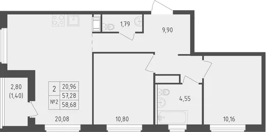 Планировка: Евротрёшка 57,3 м² в ЖК «Южная Нева»