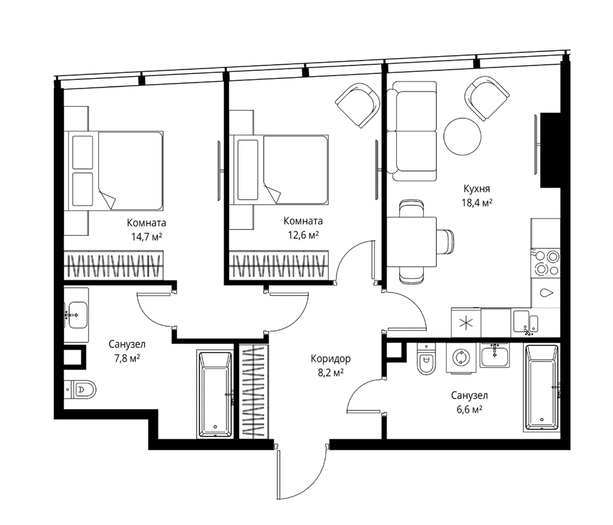 Планировка: Евротрёшка 68,3 м² в ЖК «ОНЕ»