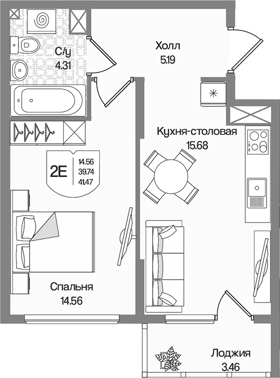 Планировка: Евродвушка 39,7 м² в ЖК «Охтинские высоты»