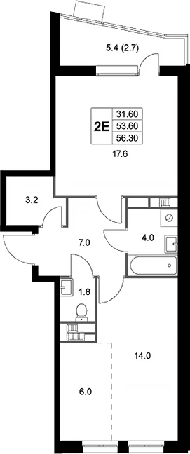 Планировка: Евродвушка 53,7 м² в ЖК «Легенда Коренево»