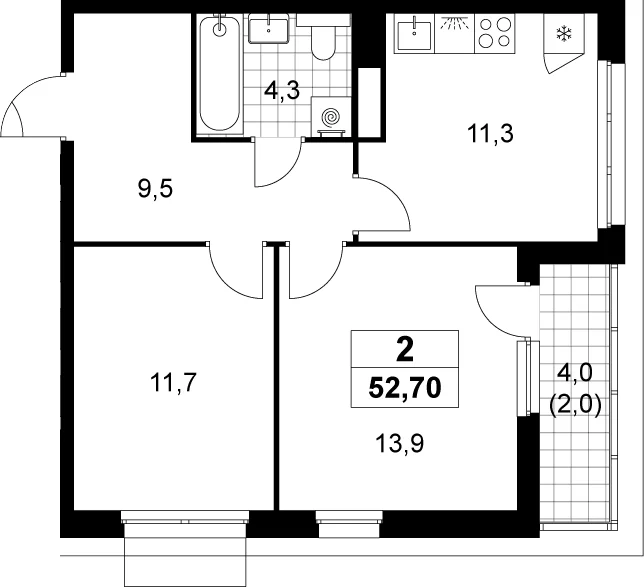 Планировка: 2-комнатная квартира 50,7 м² в ЖК «Деснаречье»