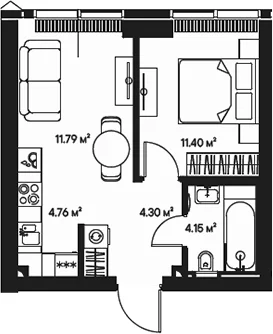 Планировка: Евродвушка 36,4 м² в ЖК «Джойс»