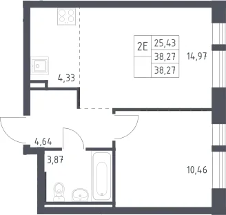 Планировка: Евродвушка 38,3 м² в ЖК «Квартал Авиаторов»