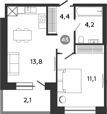 Планировка: 1-комнатная квартира 33,5 м² в ЖК «Графская слобода в Песках»