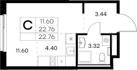 Планировка: Студия 22,8 м² в ЖК «Новоселье»