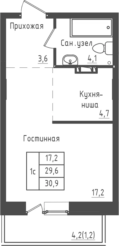 Планировка: Студия 29,6 м² в ЖК «Зеленый город»