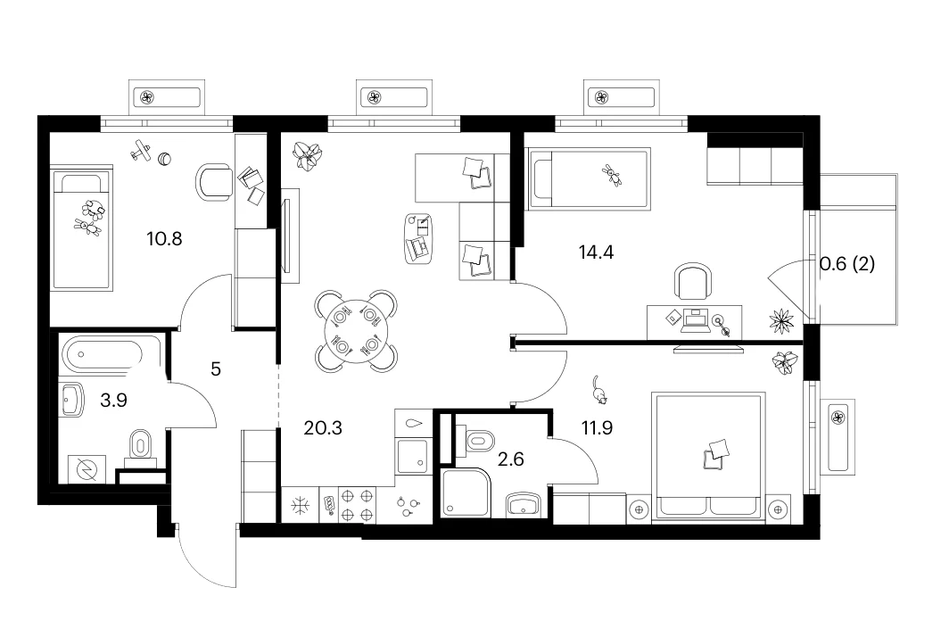 Планировка: 3-комнатная квартира 68,9 м² в ЖК «Белая Дача парк»