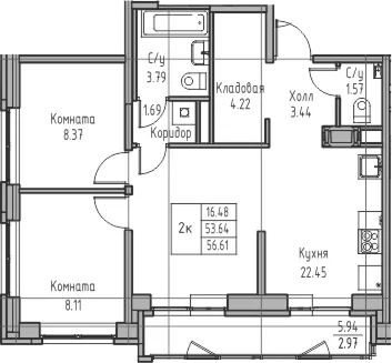 Планировка: Евротрёшка 53,6 м² в ЖК «Юнтолово»