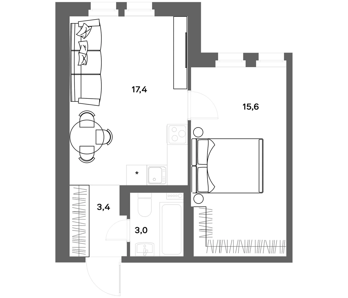 Планировка: 1-комнатная квартира 39,4 м² в ЖК «ЭкоКвартал НЕГА»