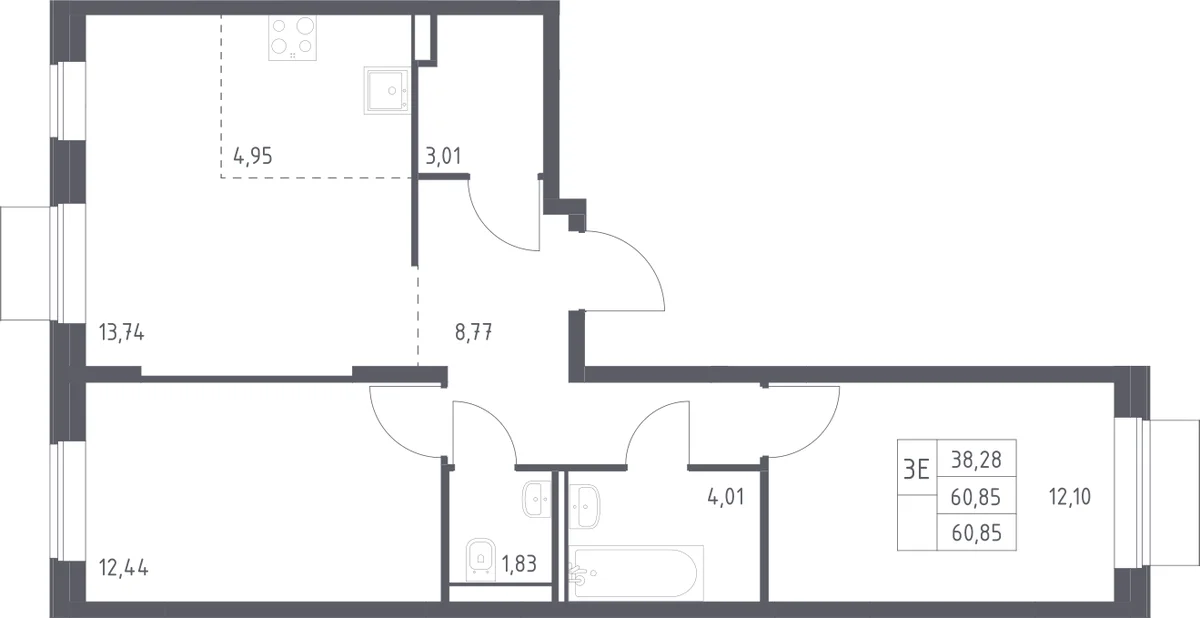Планировка: Евротрёшка 60,9 м² в ЖК «Квартал Домашний»