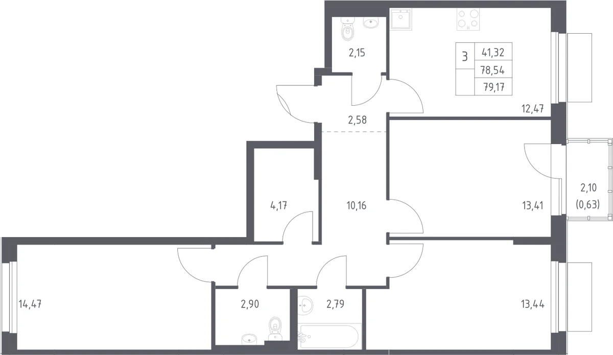 Планировка: 3-комнатная квартира 78,5 м² в ЖК «Новое Внуково»