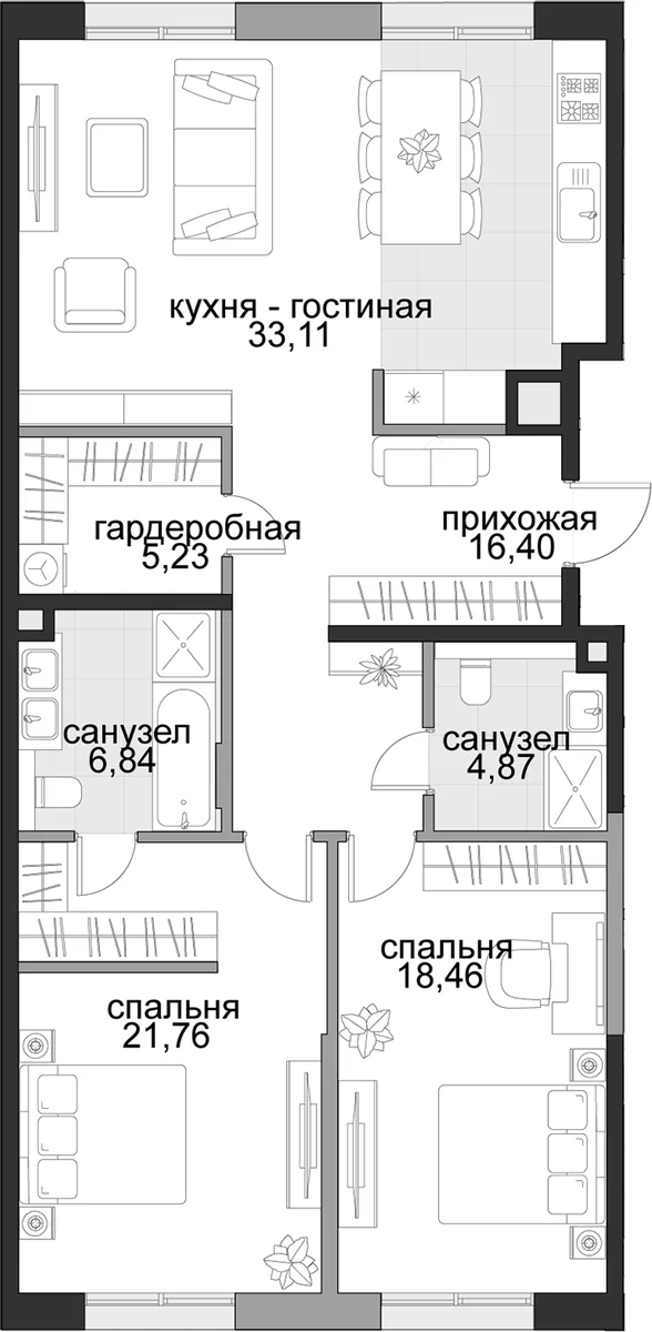 Планировка: Евротрёшка 106,7 м² в ЖК «Садовническая, 69»