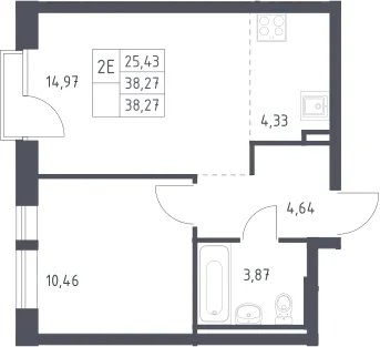 Планировка: Евродвушка 38,3 м² в ЖК «Квартал Авиаторов»