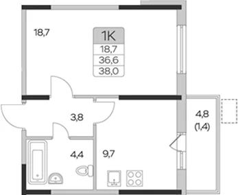 Планировка: 1-комнатная квартира 36,6 м² в ЖК «Пироговская ривьера»