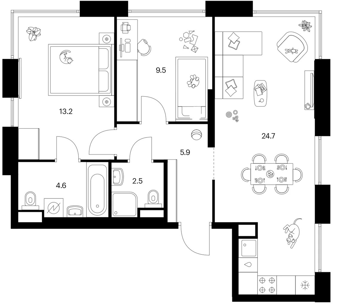 Планировка: 2-комнатная квартира 60,4 м² в ЖК «Москворечье»