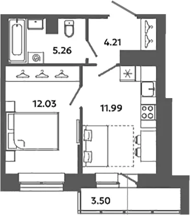 Планировка: 1-комнатная квартира 33,5 м² в ЖК «Загляденье»