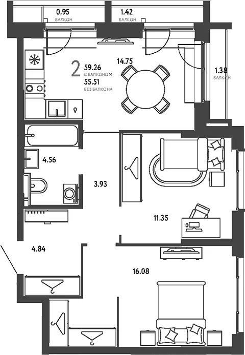 Планировка: 2-комнатная квартира 55,5 м² в ЖК «Страна.Парковая»