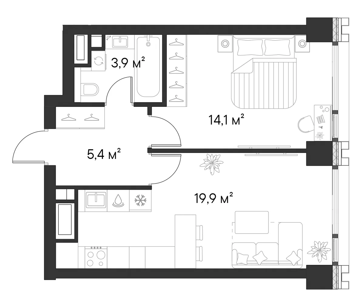 Планировка: 1-комнатная квартира 43,3 м² в ЖК «Первый Нагатинский»