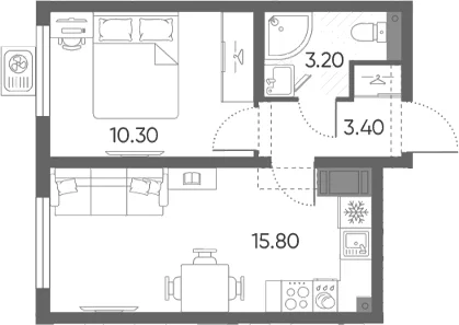 Планировка: Евродвушка 32,7 м² в ЖК «Ручьи 2»