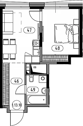 Планировка: Евродвушка 41,8 м² в ЖК «Кинетик. Резиденции на Дмитровском»