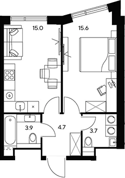 Планировка: 1-комнатная квартира 42,9 м² в ЖК «НЕКСУС от Аквилон»