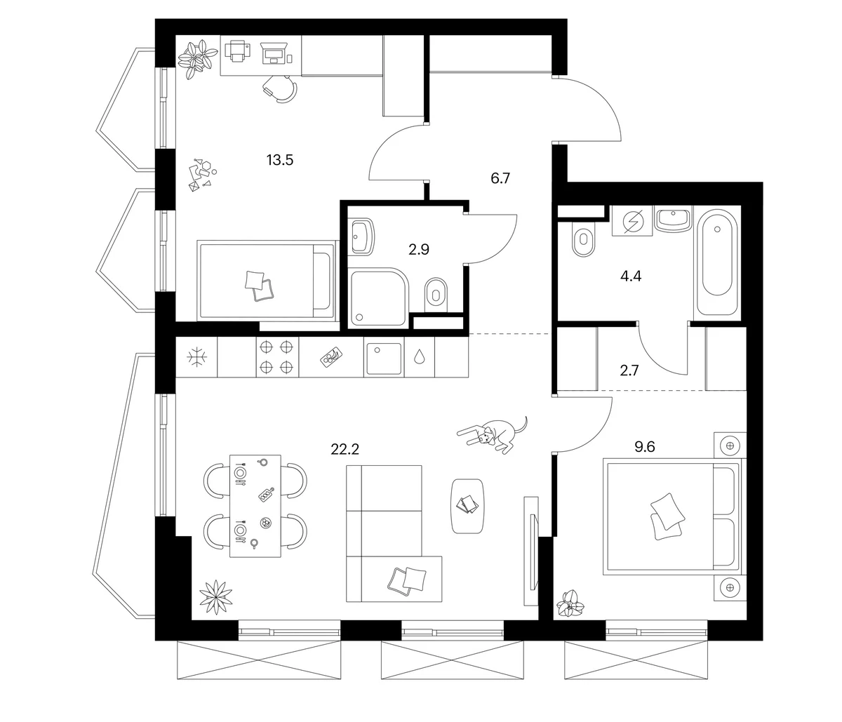 Планировка: 2-комнатная квартира 62 м² в ЖК «Мичуринский парк»