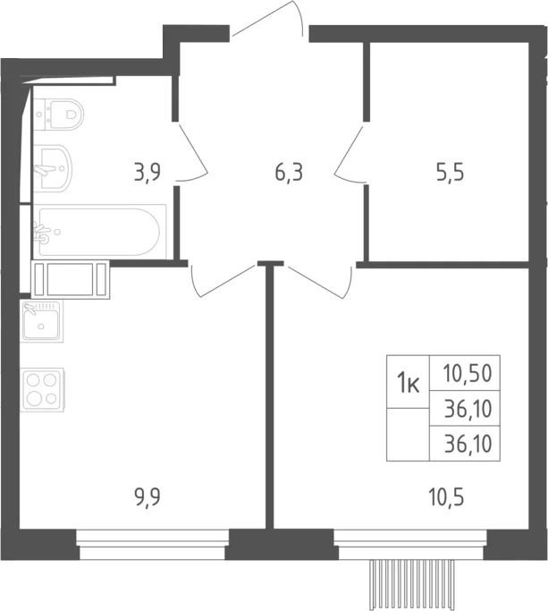 Планировка: 1-комнатная квартира 36,1 м² в ЖК «Мытищи Парк»
