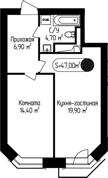 Планировка: 1-комнатная квартира 47 м² в ЖК «Пение Птиц»