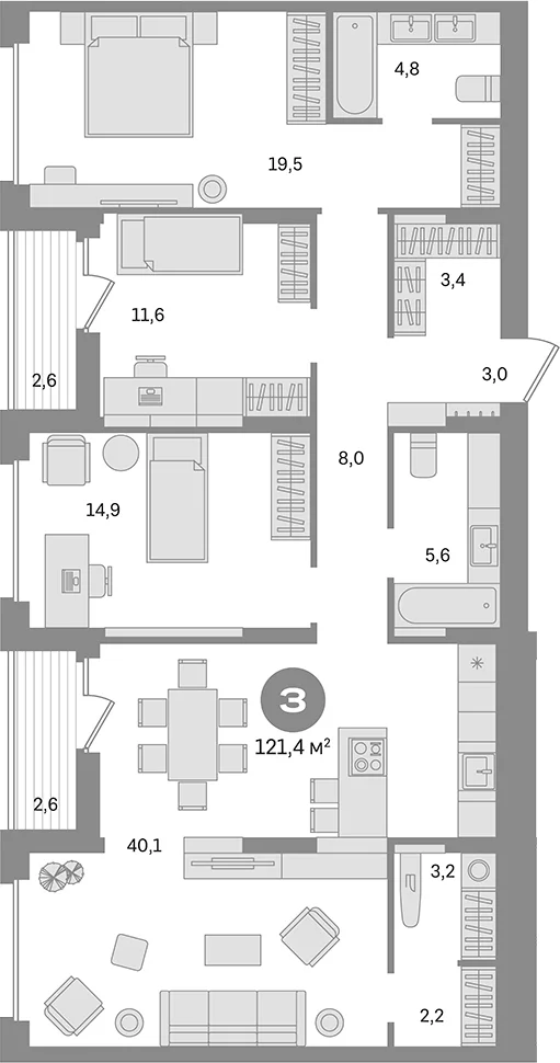 Планировка: 3-комнатная квартира 116,2 м² в ЖК «Первый квартал. Вторая очередь»