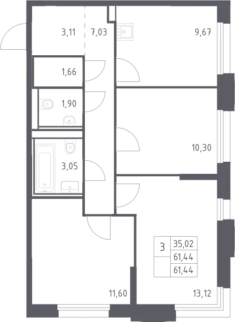 Планировка: 3-комнатная квартира 61,4 м² в ЖК «Квартал Строгино»