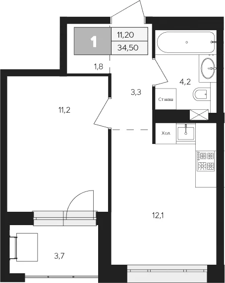 Планировка: 1-комнатная квартира 32,7 м² в ЖК «Ласточкино»