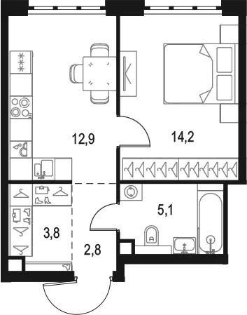 Планировка: 1-комнатная квартира 38,8 м² в ЖК «Левел Южнопортовая»