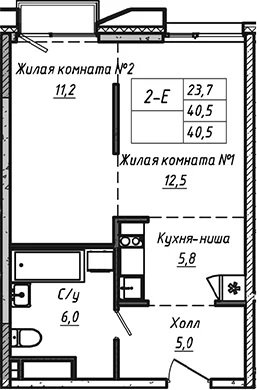Планировка: Евродвушка 40,5 м² в ЖК «УНО.Соколиная гора»