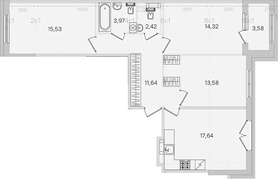 Планировка: 3-комнатная квартира 79,1 м² в ЖК «Дубровский»