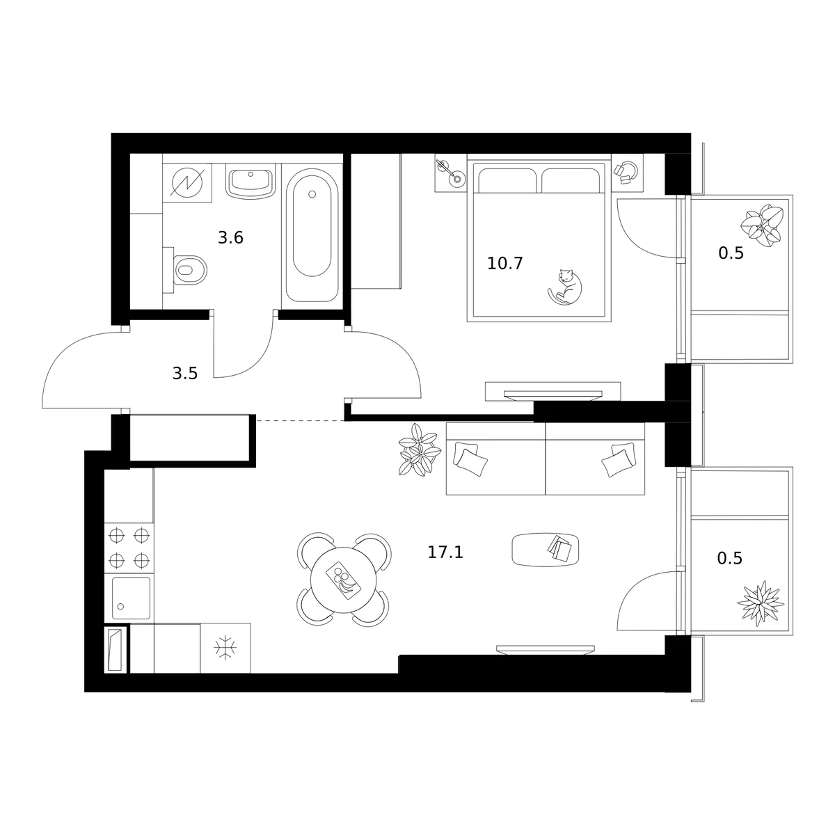 Планировка: 1-комнатная квартира 34,9 м² в ЖК «2-й Иртышский»
