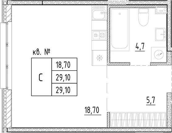 Планировка: Студия 29,1 м² в ЖК «Плюс Пулковский»