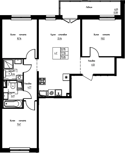 Планировка: Квартира евро-4 72,6 м² в ЖК «Кронунг-Янино»
