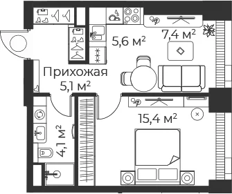 Планировка: Евродвушка 37,6 м² в ЖК «Веер»