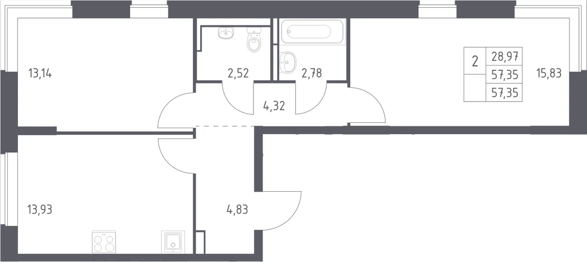 Планировка: 2-комнатная квартира 57,4 м² в ЖК «Богдановский лес»