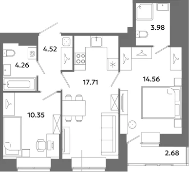 Планировка: Евротрёшка 55,4 м² в ЖК «Загляденье»