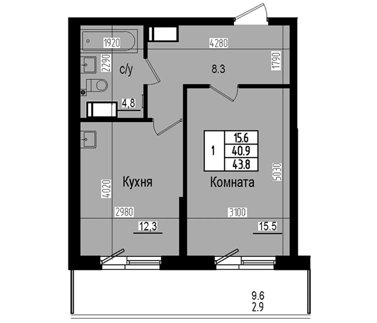 Планировка: 1-комнатная квартира 40,9 м² в ЖК «Прагма Сити»