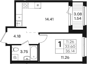 Планировка: 1-комнатная квартира 33,6 м² в ЖК «Парголово»