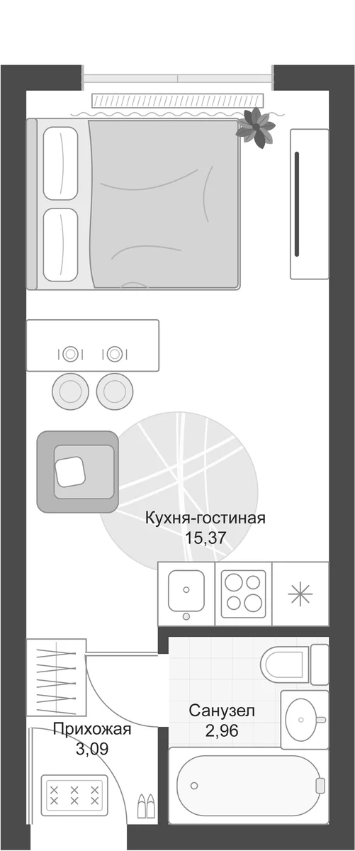 Планировка: Студия 21,4 м² в ЖК «Апарт-комплекс Первый Зеленый»