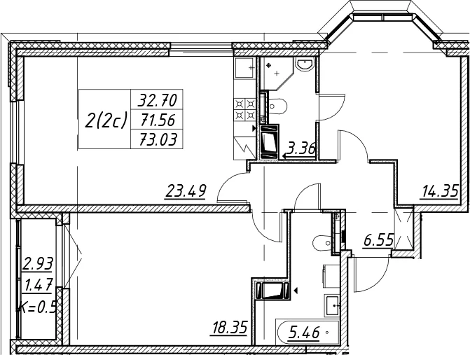 Планировка: Евротрёшка 71,6 м² в ЖК «Цивилизация на Неве»