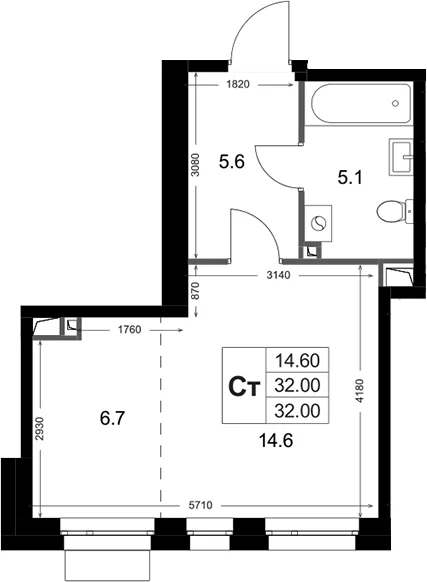 Планировка: Студия 32 м² в ЖК «Кореневский Форт 2.3»