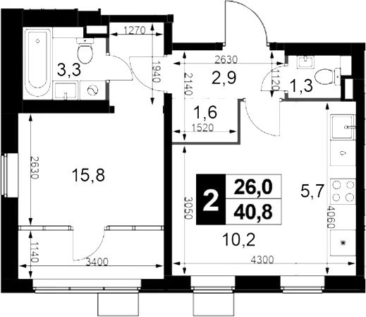 Планировка: Евродвушка 40,8 м² в ЖК «1-й Химкинский»