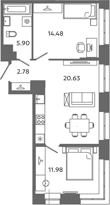 Планировка: Евротрёшка 55,8 м² в ЖК «Загляденье»